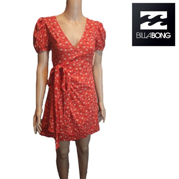 Billabong Hot Tropics Mini Wrap Dress NWT Red Floral XS - Picture 1 of 10
